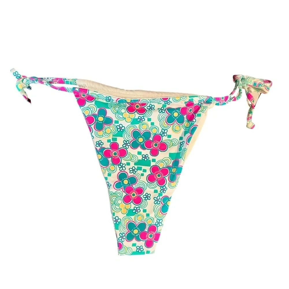 FRANKIES BIKINIS Women's Tia String Bikini Bottoms AQUA MULTICOLOR L NWT